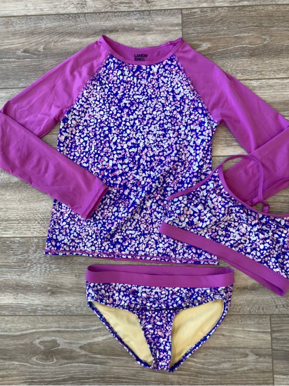 Lands' End Girls' Pink and Purple Floral Long-Sleeve Rash Guard Set